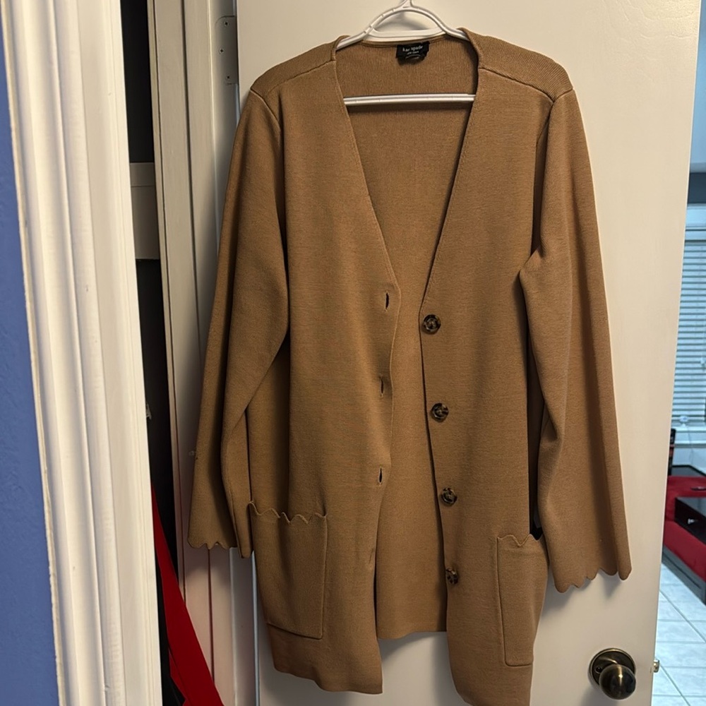 kate spade camel scalloped-edge cardigan blazer